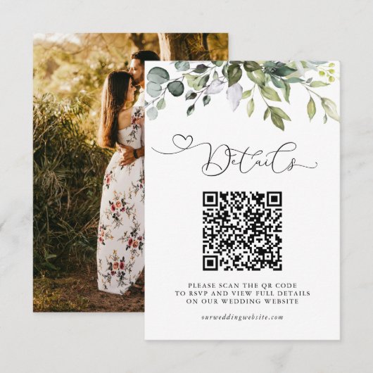 Eenvoudige Eucalyptus Groene QR Code & Foto Bruilo Informatiekaartje (Voorkant / Achterkant)