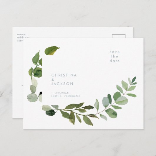 Eenvoudige Eucalyptus Huwelijk Save the Date Briefkaart (Voorkant / Achterkant)