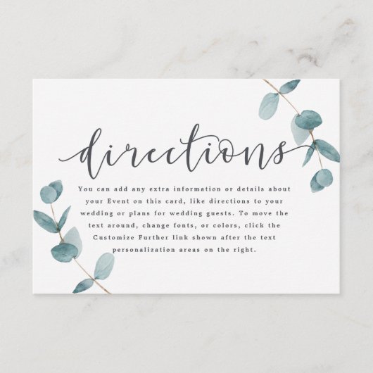 Eenvoudige eucalyptus kalligrafie bruiloft routebe informatiekaartje (Voorkant)