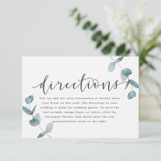 Eenvoudige eucalyptus kalligrafie bruiloft routebe informatiekaartje (Staand voorkant)