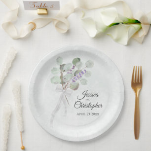 Eenvoudige eucalyptus & lavendel boeket bruiloft papieren bordje