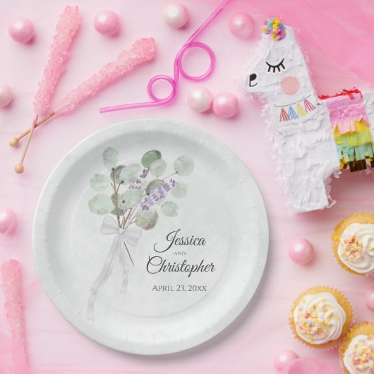 Eenvoudige eucalyptus & lavendel boeket bruiloft papieren bordje (Feest)