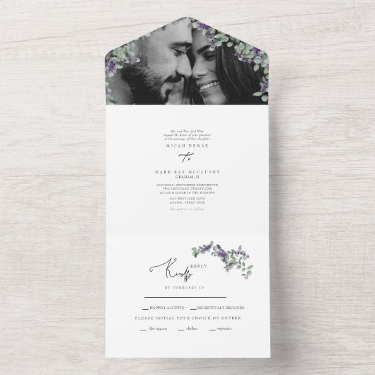 Eenvoudige Eucalyptus & Lavender Two Photo Weddens All In One Uitnodiging (Binnen)