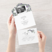 Eenvoudige Eucalyptus & Lavender Two Photo Wedding All In One Uitnodiging (Afscheurbaar)