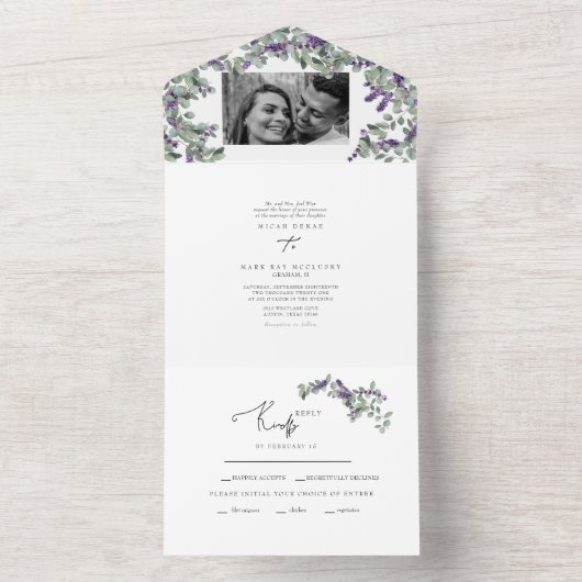 Eenvoudige Eucalyptus & Lavender Two Photo Wedding All In One Uitnodiging (Binnen)