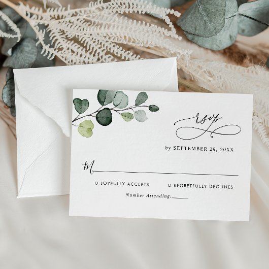 Eenvoudige Eucalyptus Leaves Greenery Wedding RSVP Kaartje