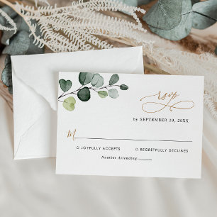 Eenvoudige Eucalyptus leest Greenery Gold Wedding RSVP Kaartje
