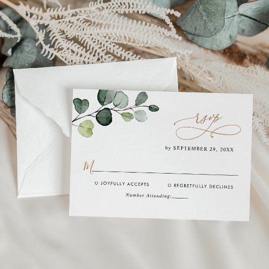 Eenvoudige Eucalyptus leest Greenery Gold Wedding RSVP Kaartje