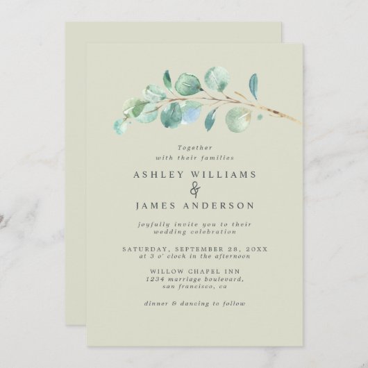 Eenvoudige Eucalyptus Loof Pastelgroene Trouw Uitn Kaart (Voorkant / Achterkant)