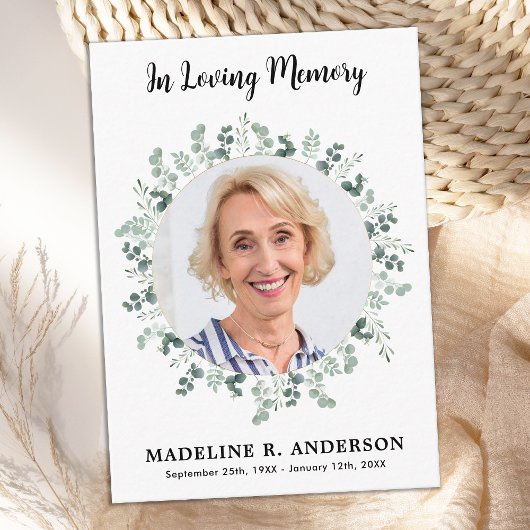 Eenvoudige Eucalyptus Memorial Foto Funeral Hartel Notitiekaartje