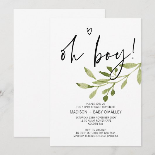 Eenvoudige Eucalyptus Oh Boy Baby shower Party Kaart (Voorkant / Achterkant)