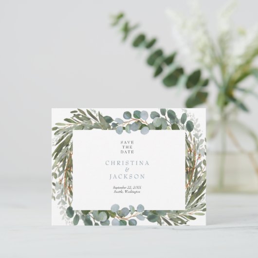 Eenvoudige Eucalyptus Weddenschap Sla de datum op Briefkaart (Staand voorkant)