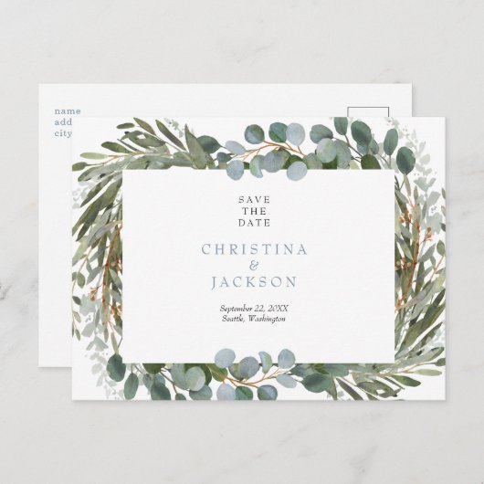 Eenvoudige Eucalyptus Weddenschap Sla de datum op Briefkaart (Voorkant / Achterkant)