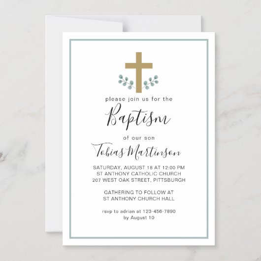 Eenvoudige eucalyptusbladeren met kruisdoop magnetische uitnodiging (Voorkant)