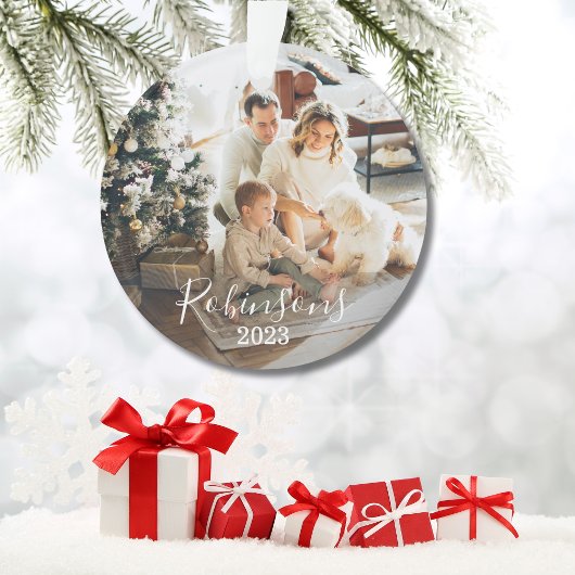 Eenvoudige Familie 2 Foto Aangepaste Naam Script & Ornament