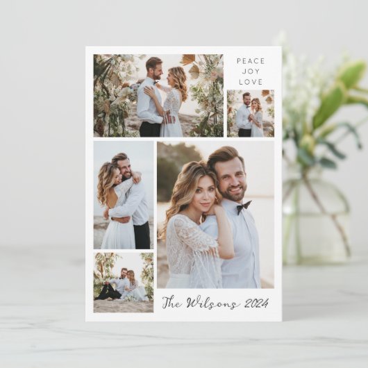 Eenvoudige Familie 5 Fotocollage Nieuw Weeds Groet Feestdagenkaart (Staand voorkant)