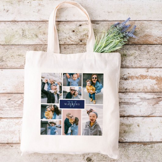 Eenvoudige familie fotocollage marinemonogram tote bag
