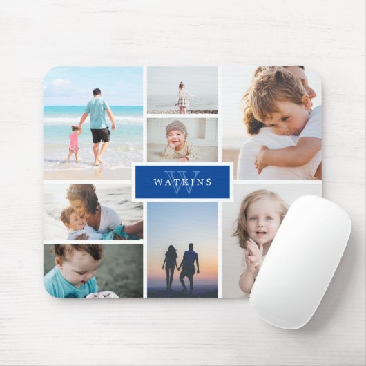 Eenvoudige familie foto's collage & blauw monogram muismat (Met muis)