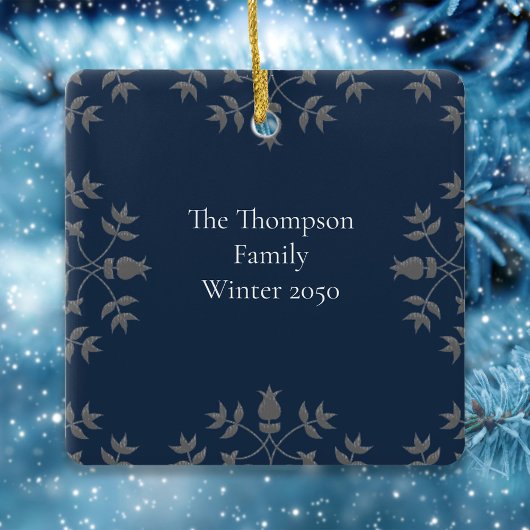 Eenvoudige Familie Kerstfoto Marine Blauw Keramisch Ornament