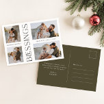 Eenvoudige Familie Kerstzegeningen Fotocollage Feestdagenkaart<br><div class="desc">Dit eenvoudige Family Christmas Blessings Photo Collage Holiday Briefkaart combineert elegantie en personalisatie voor de perfecte vakantie-groet. Met vier familiefoto's in een schoon, minimalistisch ontwerp, benadrukt het uw gekoesterde herinneringen en biedt het een moderne twist met zijn verticale "Blessings" -boodschap in elegante olijfgroene letters. De zachte, warme tinten brengen een...</div>