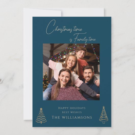 Eenvoudige familiefoto blauwe kerst feestdagenkaart (Voorkant)