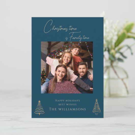 Eenvoudige familiefoto blauwe kerst feestdagenkaart (Staand voorkant)