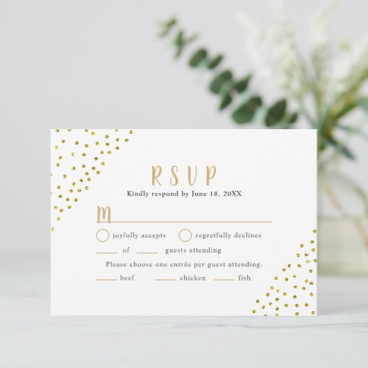 Eenvoudige Faux Gold Confetti Wedding RSVP + entré (Staand voorkant)