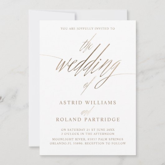 Eenvoudige Faux Gold Kalligrafie van de bruiloft v Kaart (Voorkant)