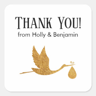 Eenvoudige Faux Gold Ooievaar Dank u! Baby Shower Vierkante Sticker
