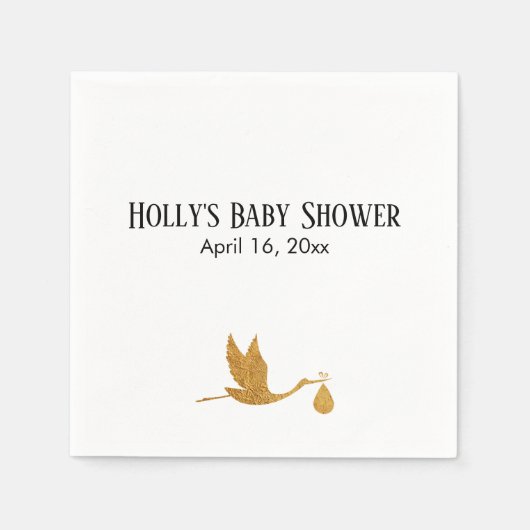 Eenvoudige Faux Gold Stork Baby shower Naam & Datu Servet (Voorkant)