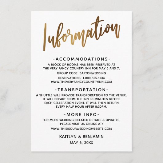 Eenvoudige Faux Gold Typography Weddeninformatie Informatiekaartje (Voorkant)