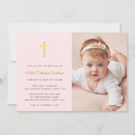 Eenvoudige Faux gouden kruis Roze Foto Doopsel Kaart