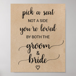 Eenvoudige Faux Kraft Calligraphy Pick A Seat Sign Poster