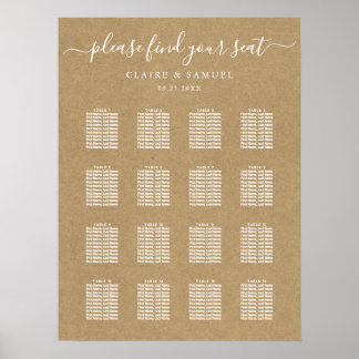 Eenvoudige Faux Rustic Kraft Wedding Seding Chart Poster