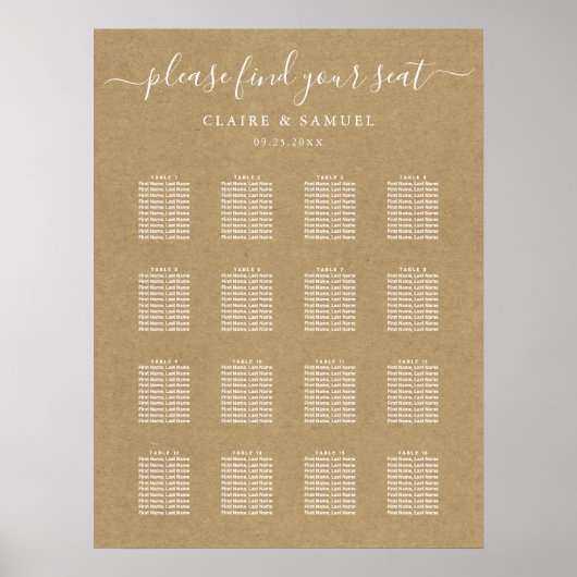 Eenvoudige Faux Rustic Kraft Wedding Seding Chart Poster (Voorkant)