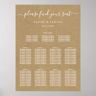 Eenvoudige Faux Rustic Kraft Wedding Seding Chart Poster
