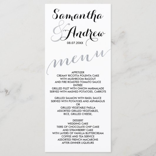 Eenvoudige faux silver folie chique bruiloft menu (Voorkant)