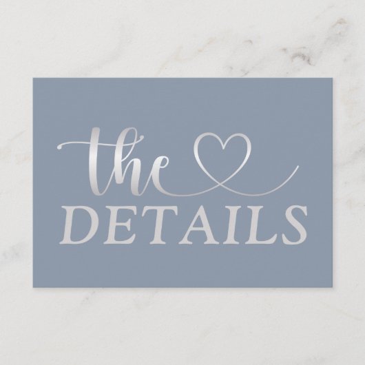 Eenvoudige Faux Zilver & Blauw Hart Bruiloft Detai Informatiekaartje (Voorkant)