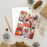 Eenvoudige feestelijke 8 foto's voor kerstmis feestdagenkaart<br><div class="desc">Een feestelijk briefkaart dat acht van uw favoriete foto's bevat die rond een rode rechthoek zijn geplaatst met foto's in het landschap en het portret! Je familienaam en je jaartal verschijnen in het midden in een moderne typografie in het wit. Pas dit unieke vakantieforcollage-ontwerp aan met uw favoriete foto's en...</div>