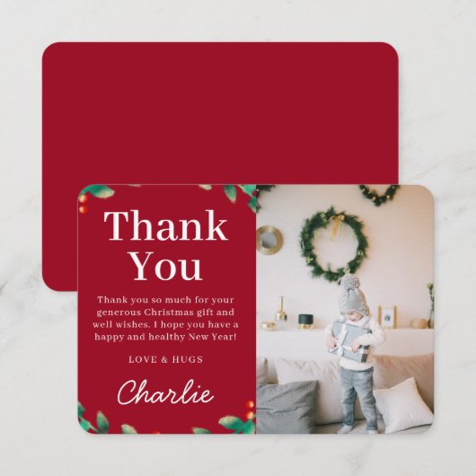 Eenvoudige feestelijke Holly Christmas-foto | Red Bedankkaart (Voorkant / Achterkant)