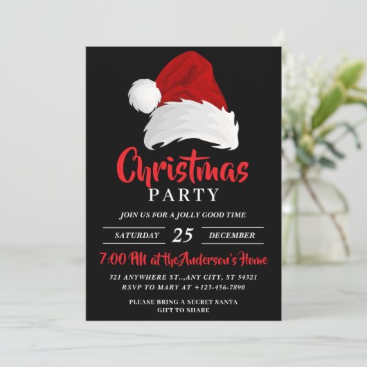 Eenvoudige feestelijke kerstmuts, zwarte kerstfees kaart (Staand voorkant)