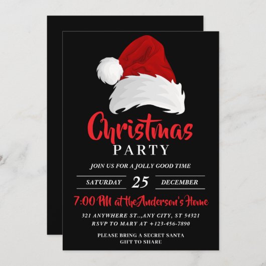 Eenvoudige feestelijke kerstmuts, zwarte kerstfees kaart (Voorkant / Achterkant)