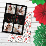 Eenvoudige Feliz Navidad Zwart Wit Rode Kaart<br><div class="desc">Deze elegante minimalistische 5 "x 7" foto nieuwjaarskaarten zijn voorzien van de begroeting, "Feliz Navidad" in rode, groene en witte letters op een zwarte achtergrond met plaatsaanduidingen voor u om jouw naam (s), jaar en vier van uw favoriete foto's toe te voegen. De achterkant heeft een grillig bloemontwerp in zwart,...</div>