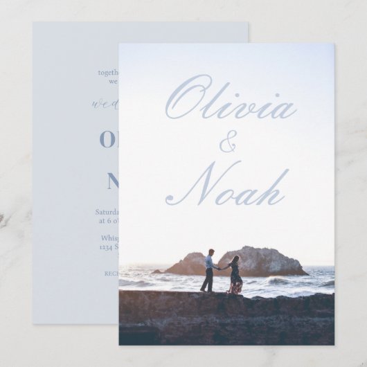 Eenvoudige Film Poster Moderne Blauwe Foto Bruilof Kaart (Voorkant / Achterkant)