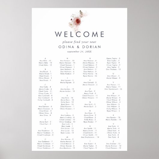 Eenvoudige Floral Alfabetical Wedding Seating Char Poster (Voorkant)