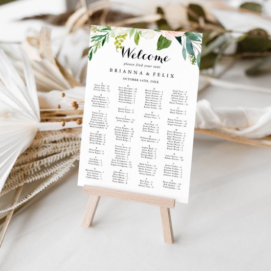 Eenvoudige Floral Green Alfabetical Seating Chart Poster
