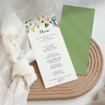 Eenvoudige Floral Green Foliage Calligraphy Dinner Menu<br><div class="desc">Deze eenvoudige florale groene blaadkalligrafiemetenkaart is perfect voor een tropische bruiloft. Het ontwerp is voorzien van mooie witte,  roze en bloze handbeschilderde rozen die zijn ingebed in groene bladeren,  inspirerende artistieke schoonheid. Dit menu kan worden gebruikt voor een trouwreceptie,  een repetitief diner,  een vrijgezellenfeest of een evenement.</div>