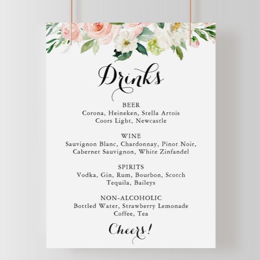 Eenvoudige Floral Green Wedding Drinken Menu Sign Poster