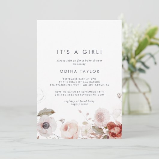 Eenvoudige Floral Het is een meisje Baby shower Kaart (Staand voorkant)