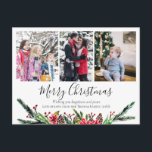 Eenvoudige Floral-kerstfoto's met foto's collage Feestdagenkaart<br><div class="desc">Deze eenvoudige en elegante kerstfeestdag voor de blote familie is voorzien van een sneeuwworp met poinsettias, pijnbomen en bessen. De achterkant van de kaart is voorzien van een sneeuwpatroon op een rode christelijke achtergrond. Op de voorzijde van de kaart kunt u het manuscript aanpassen, en jouw naam, een bericht, en...</div>